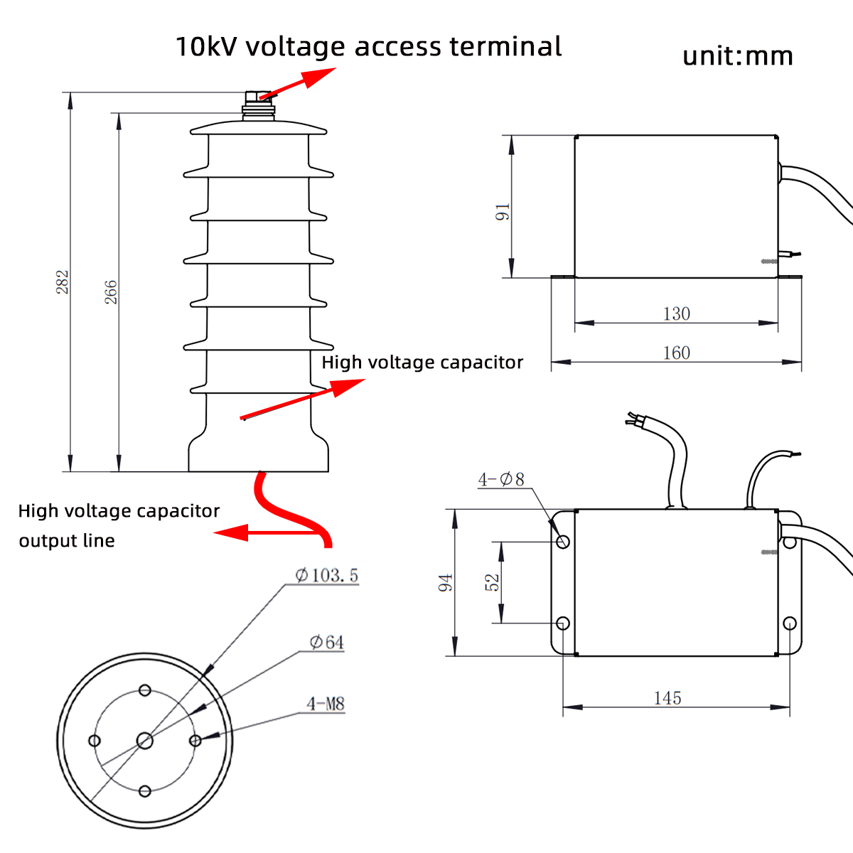 High voltage capacitor power taking device